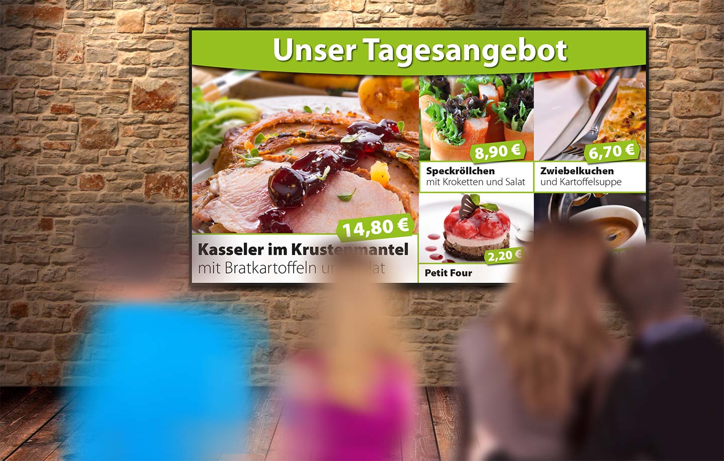 Speiselokal mit Angeboten auf einem Digital Signage-Bildschirm